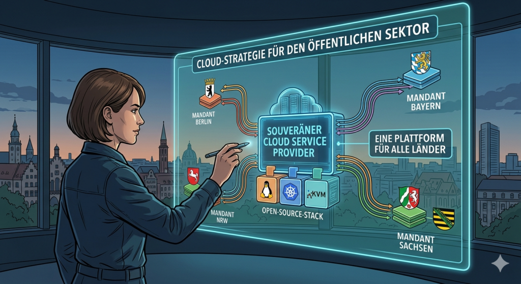 Visualisierung der Cloud-Strategie für den öffentlichen Sektor: ein souveräner Cloud Service Provider als zentrale Plattform mit Open-Source-Stack (Linux, Kubernetes, KVM), der mehrere Bundesländer als Mandanten bedient.